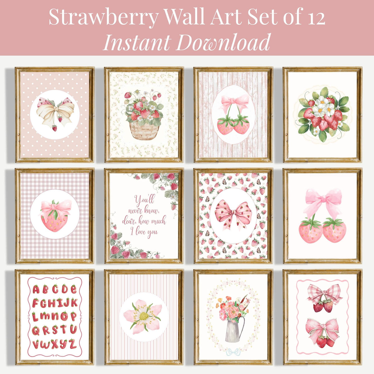 Pink Strawberry and Bow Nursery Print Set (Digital Download)