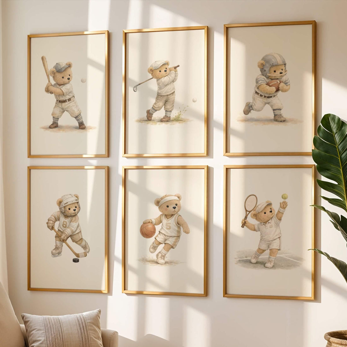 Vintage Sports Bear Nursery Wall Art, Set of 6 (Digital Download)