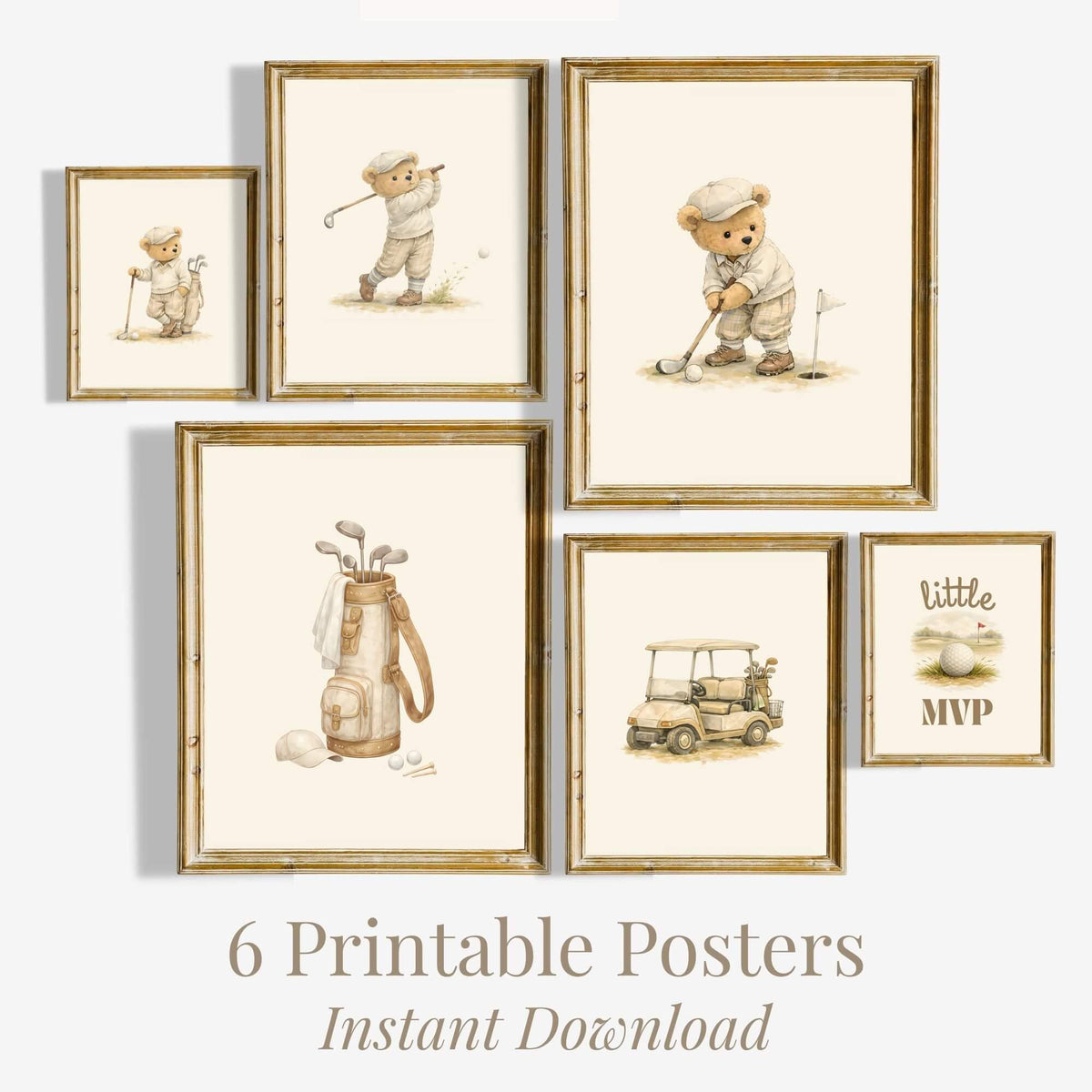 Golf Teddy Bear Nursery Prints, Set of 6 (Digital Download)