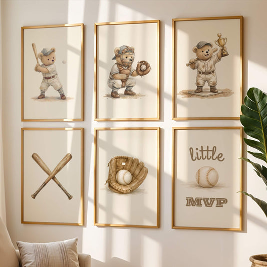 Baseball Teddy Bear Nursery Prints, Set of 6 (Digital Download)