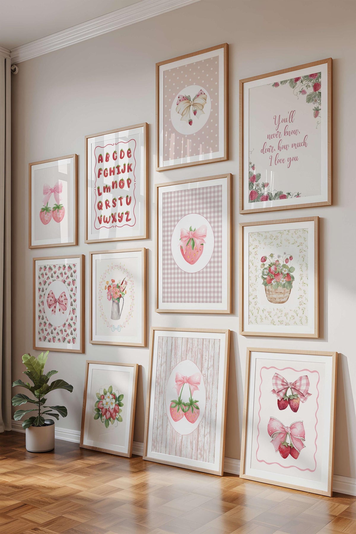 Pink Strawberry and Bow Nursery Print Set (Digital Download)