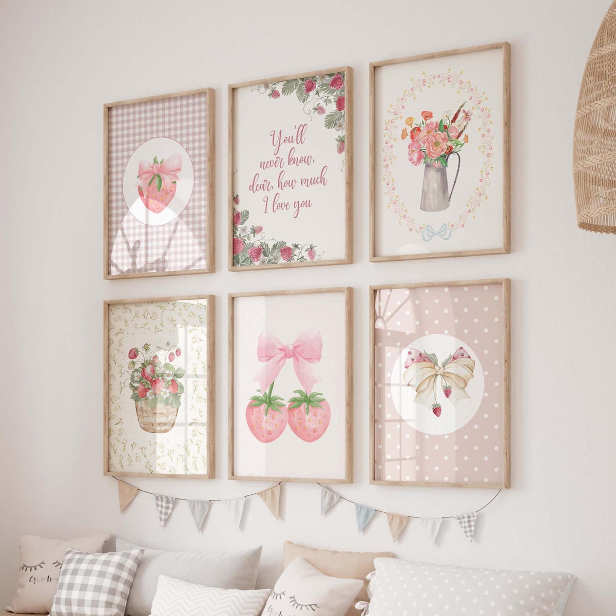 Pink Strawberry and Bow Nursery Print Set (Digital Download)