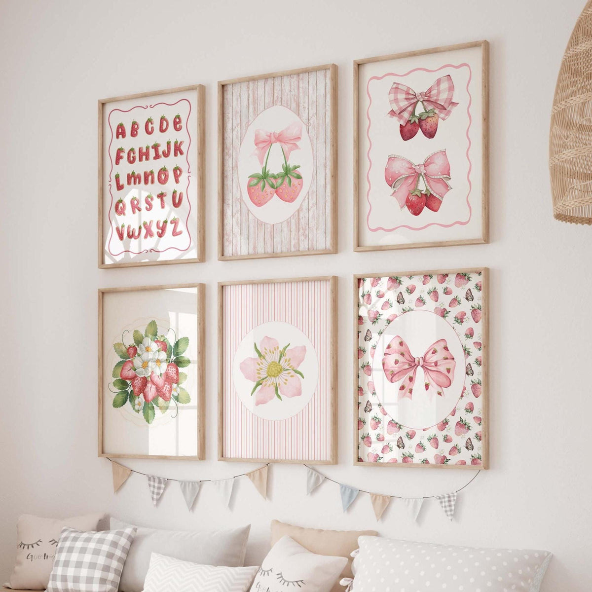 Pink Strawberry and Bow Nursery Print Set (Digital Download)