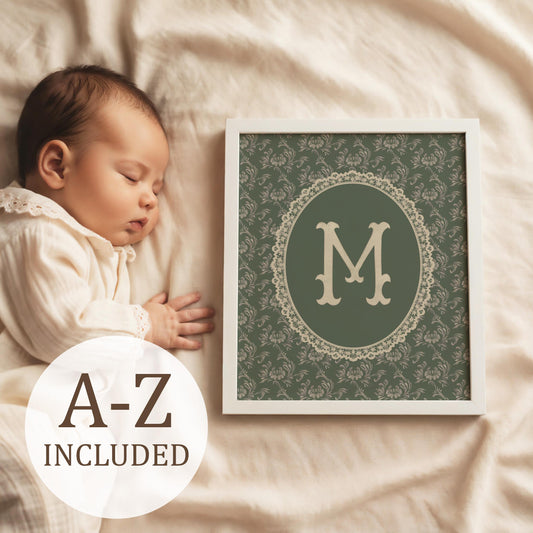 Vintage Floral Initial Nursery Print, Sage Green (Digital Download)