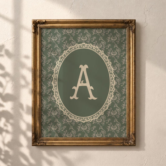 Vintage Floral Initial Nursery Print, Sage Green (Digital Download)