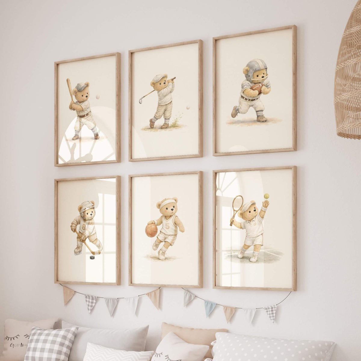 Vintage Sports Bear Nursery Wall Art, Set of 6 (Digital Download)