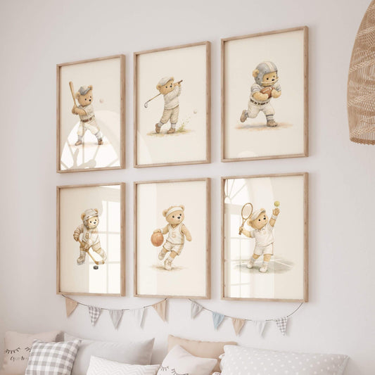 Vintage Sports Bear Nursery Wall Art, Set of 6 (Digital Download)