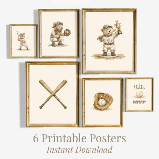 Baseball Teddy Bear Nursery Prints, Set of 6 (Digital Download)