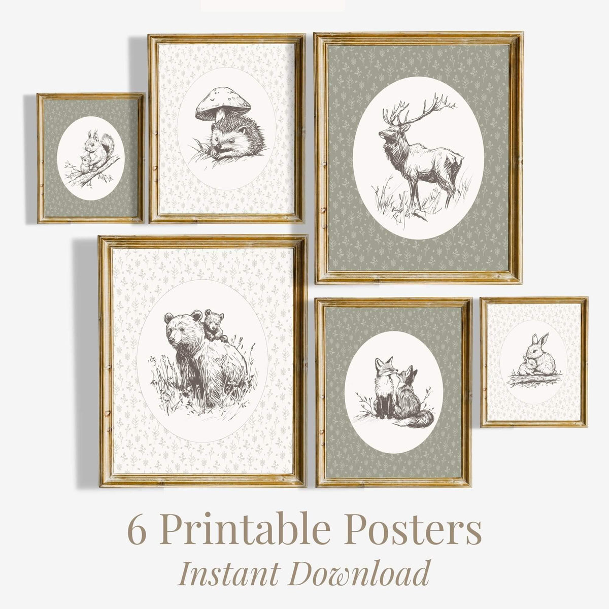 Vintage Sketch Woodland Nursery Prints, Set of 6 (Digital Download)
