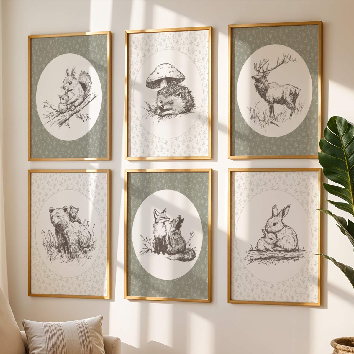 Vintage Sketch Woodland Nursery Prints, Set of 6 (Digital Download)