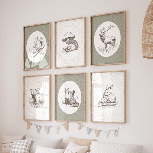 Vintage Sketch Woodland Nursery Prints, Set of 6 (Digital Download)