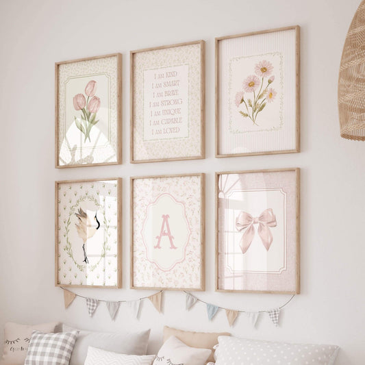 Pink Cottagecore Nursery Prints with Monogram, Set of 6 (Digital Download)