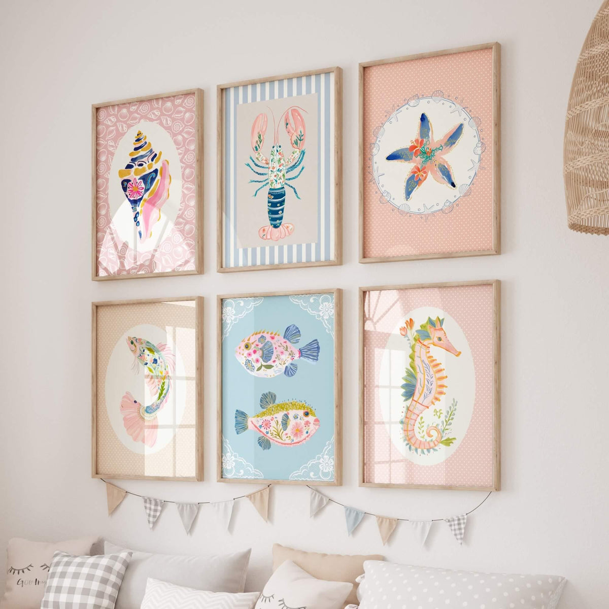 Pink Coastal Nursery Prints, Set of 6 (Digital Download)