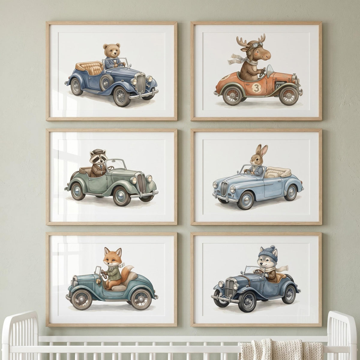 Retro Animal Car Prints with Wolf, Bear, Moose, Set of 6 (Digital Download)