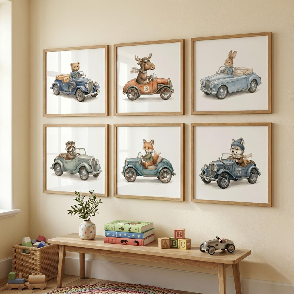 Retro Animal Car Prints with Wolf, Bear, Moose, Set of 6 (Digital Download)