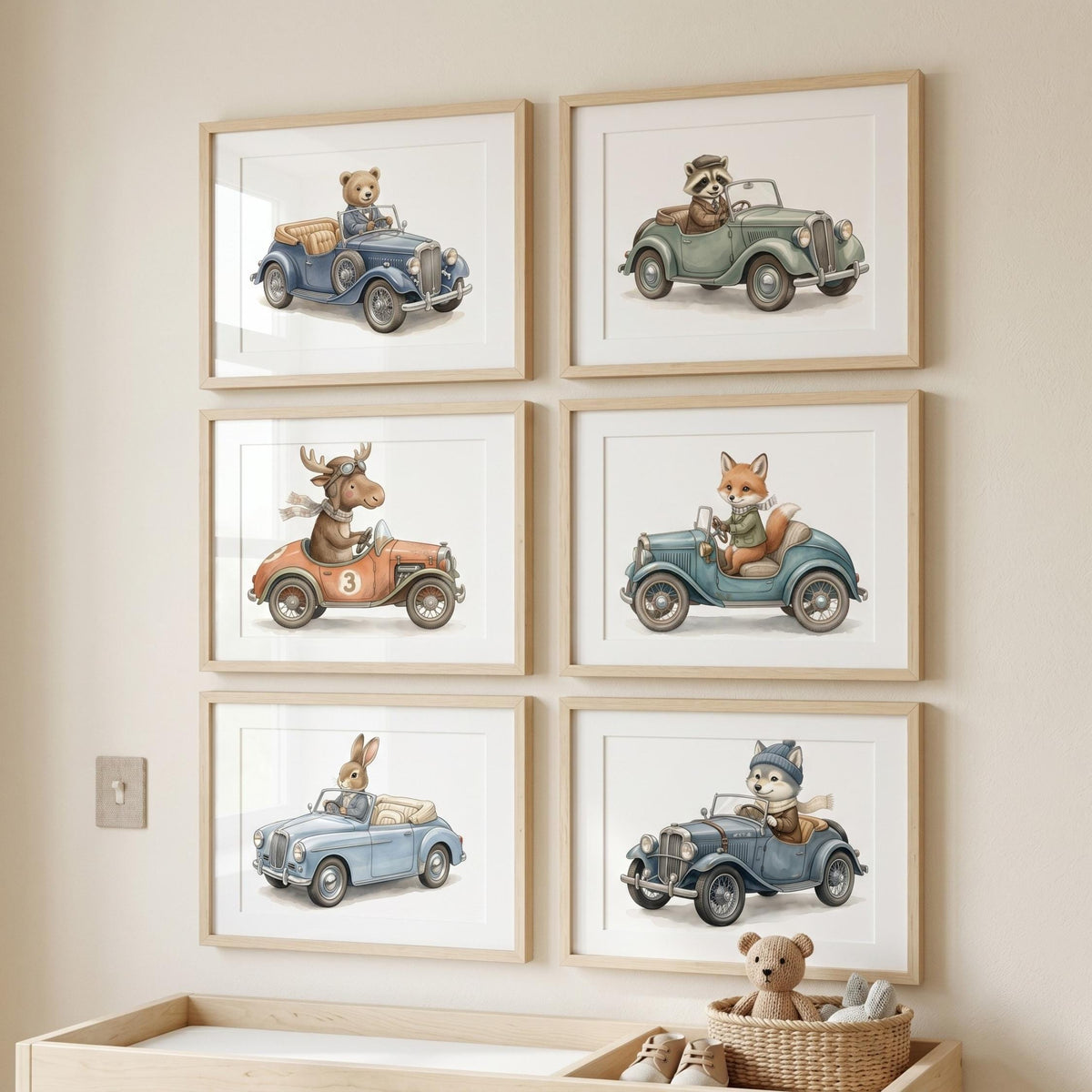 Retro Animal Car Prints with Wolf, Bear, Moose, Set of 6 (Digital Download)