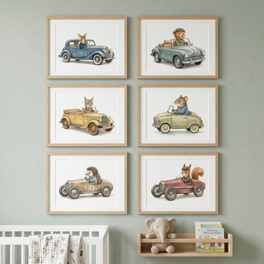Woodland Animal Car Nursery Prints, Set of 6 (Digital Download)