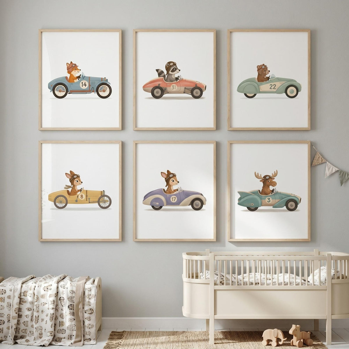 Pastel Animal Race Car Nursery Prints, Set of 6 (Digital Download)