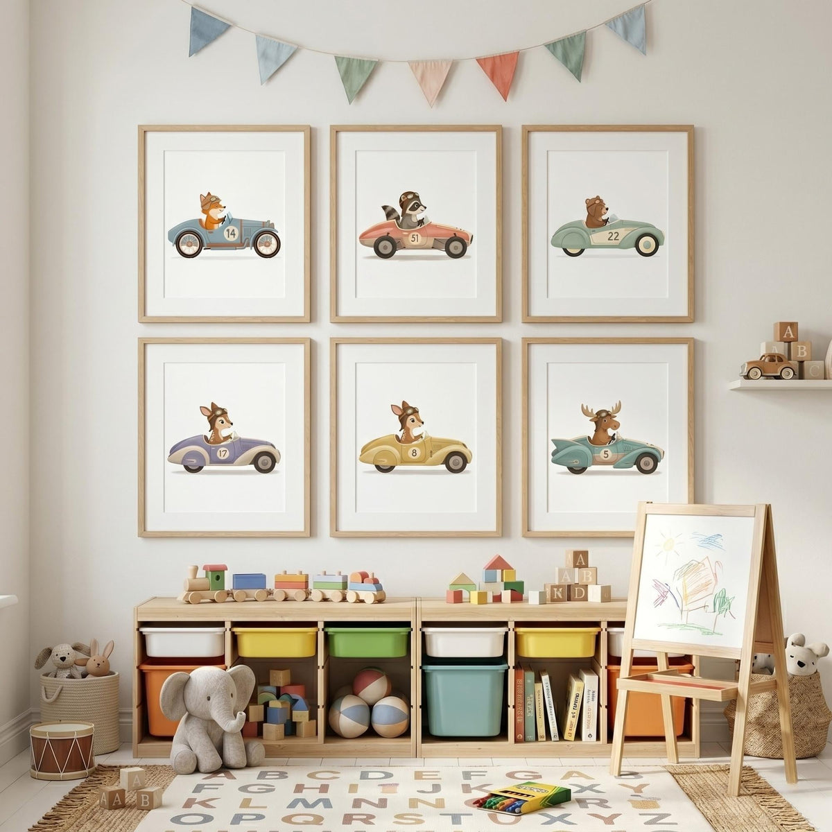 Pastel Animal Race Car Nursery Prints, Set of 6 (Digital Download)