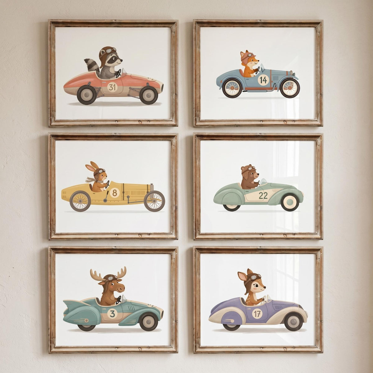 Animal Racing Car Nursery Prints, Set of 6 (Digital Download)