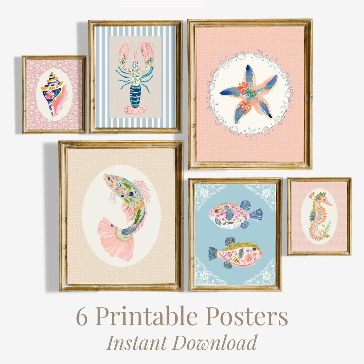 Pink Coastal Nursery Prints, Set of 6 (Digital Download)