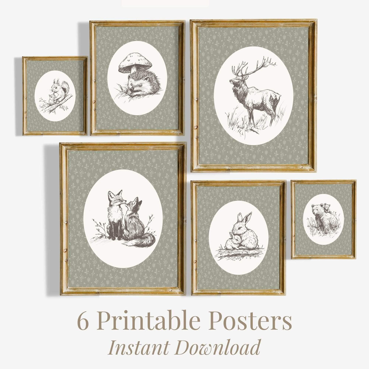 Sage Pattern Woodland Nursery Prints, Set of 6 (Digital Download)