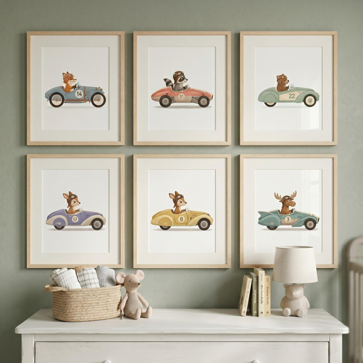 Pastel Animal Race Car Nursery Prints, Set of 6 (Digital Download)
