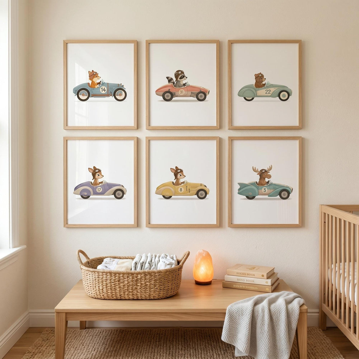 Pastel Animal Race Car Nursery Prints, Set of 6 (Digital Download)