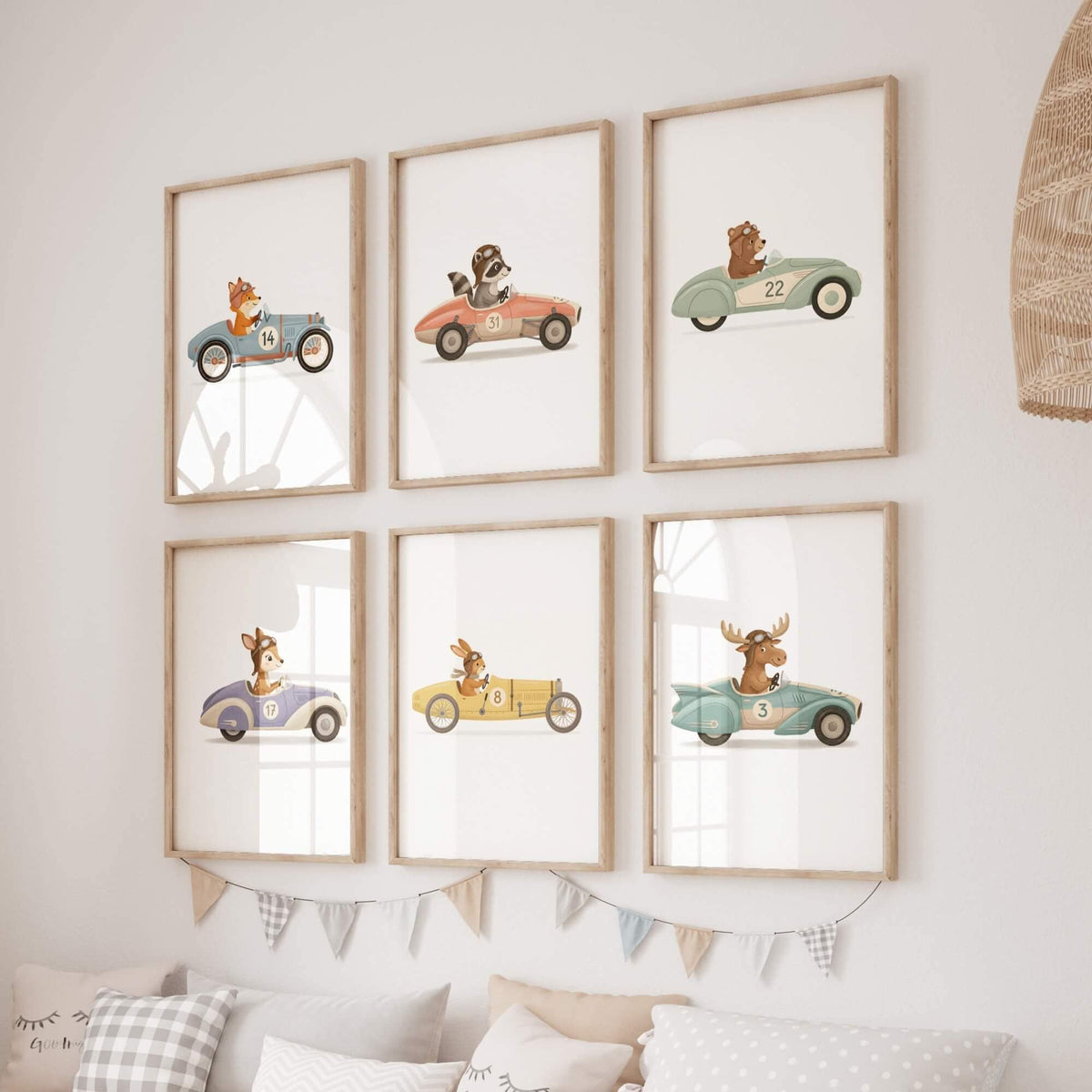 Pastel Animal Race Car Nursery Prints, Set of 6 (Digital Download)