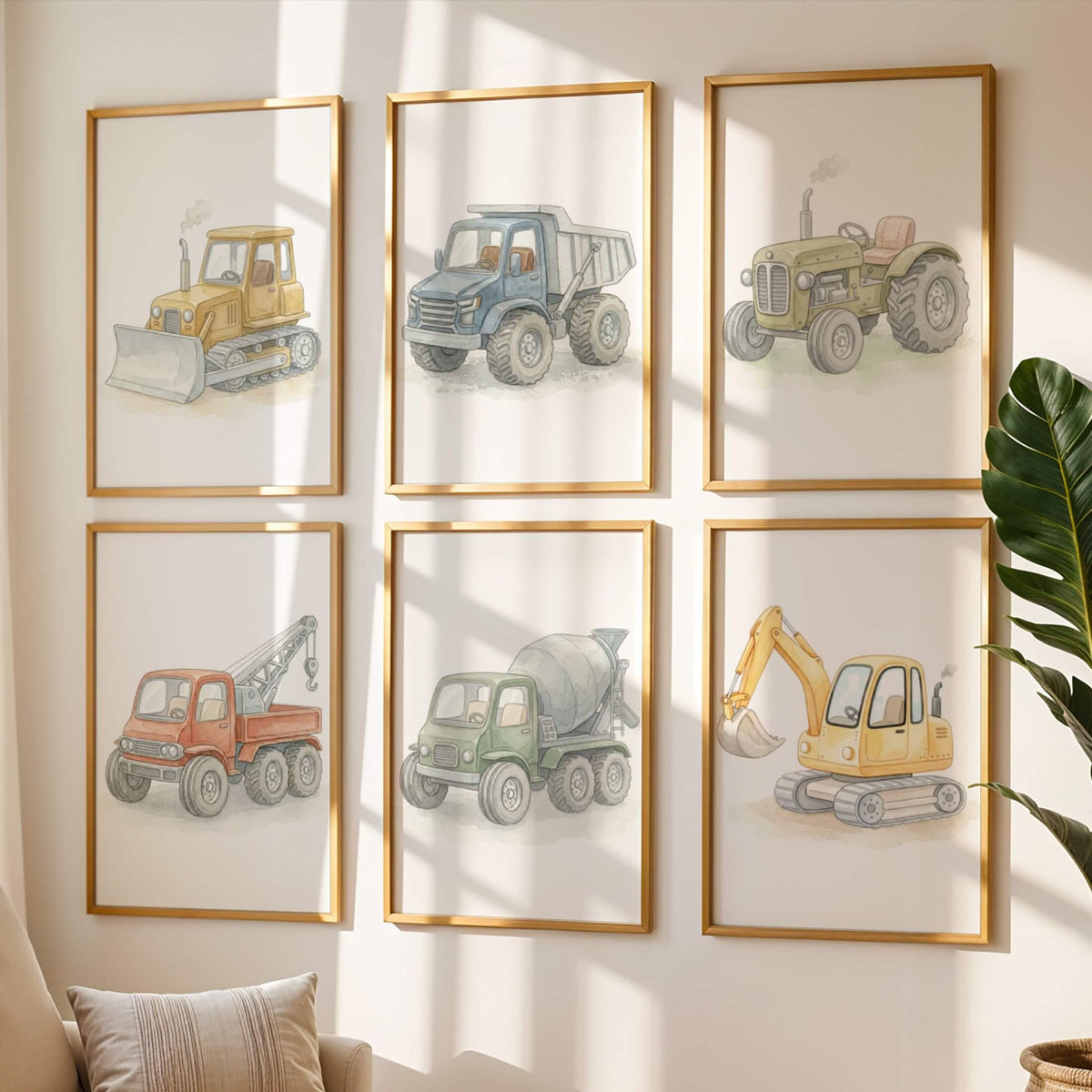 Soft Watercolor Construction Nursery Prints, Set of 6 (Digital Download)