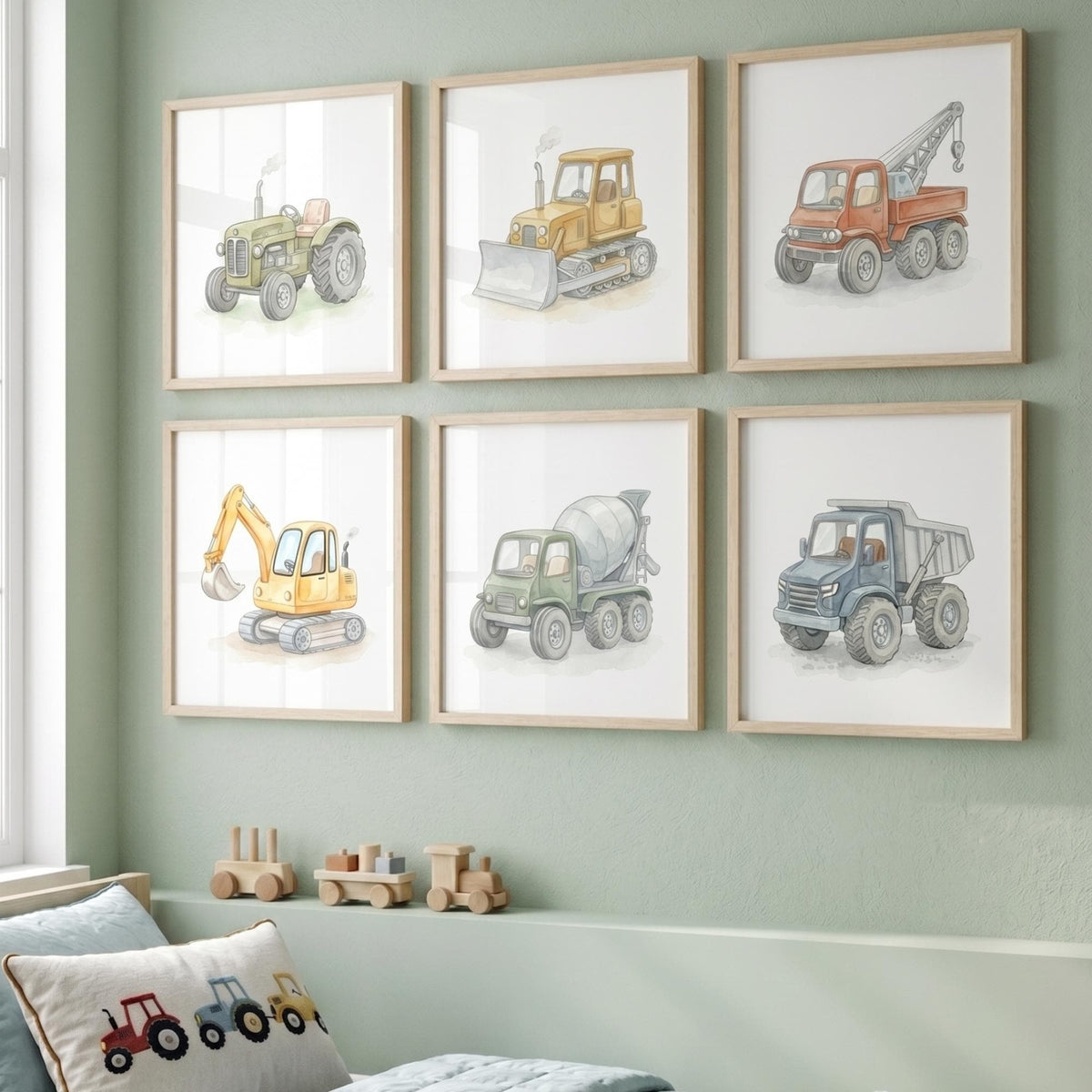 Soft Watercolor Construction Nursery Prints, Set of 6 (Digital Download)