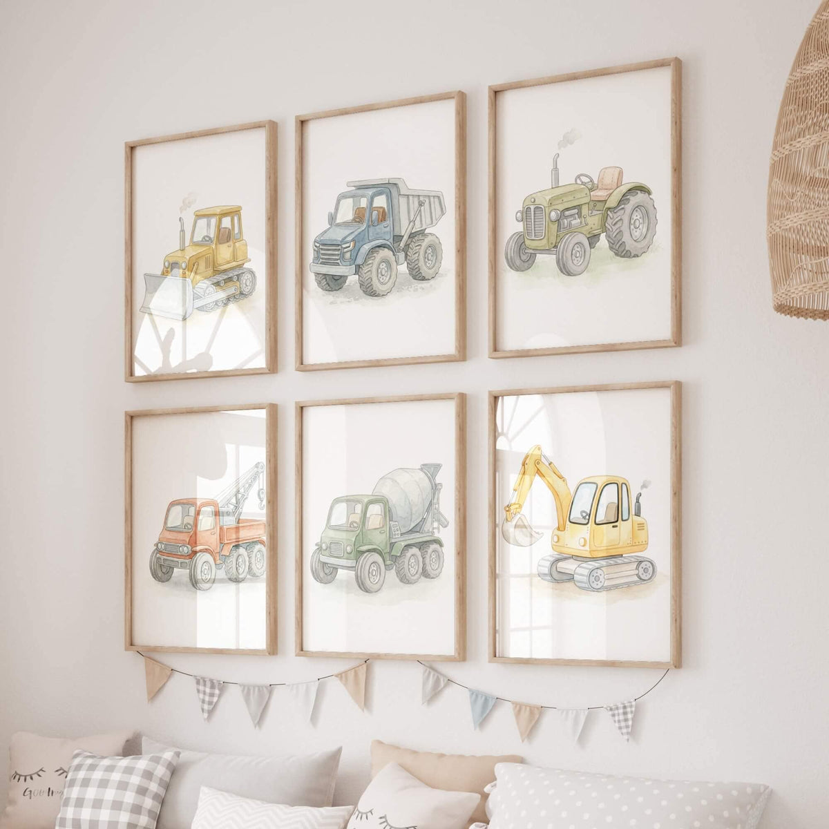 Soft Watercolor Construction Nursery Prints, Set of 6 (Digital Download)