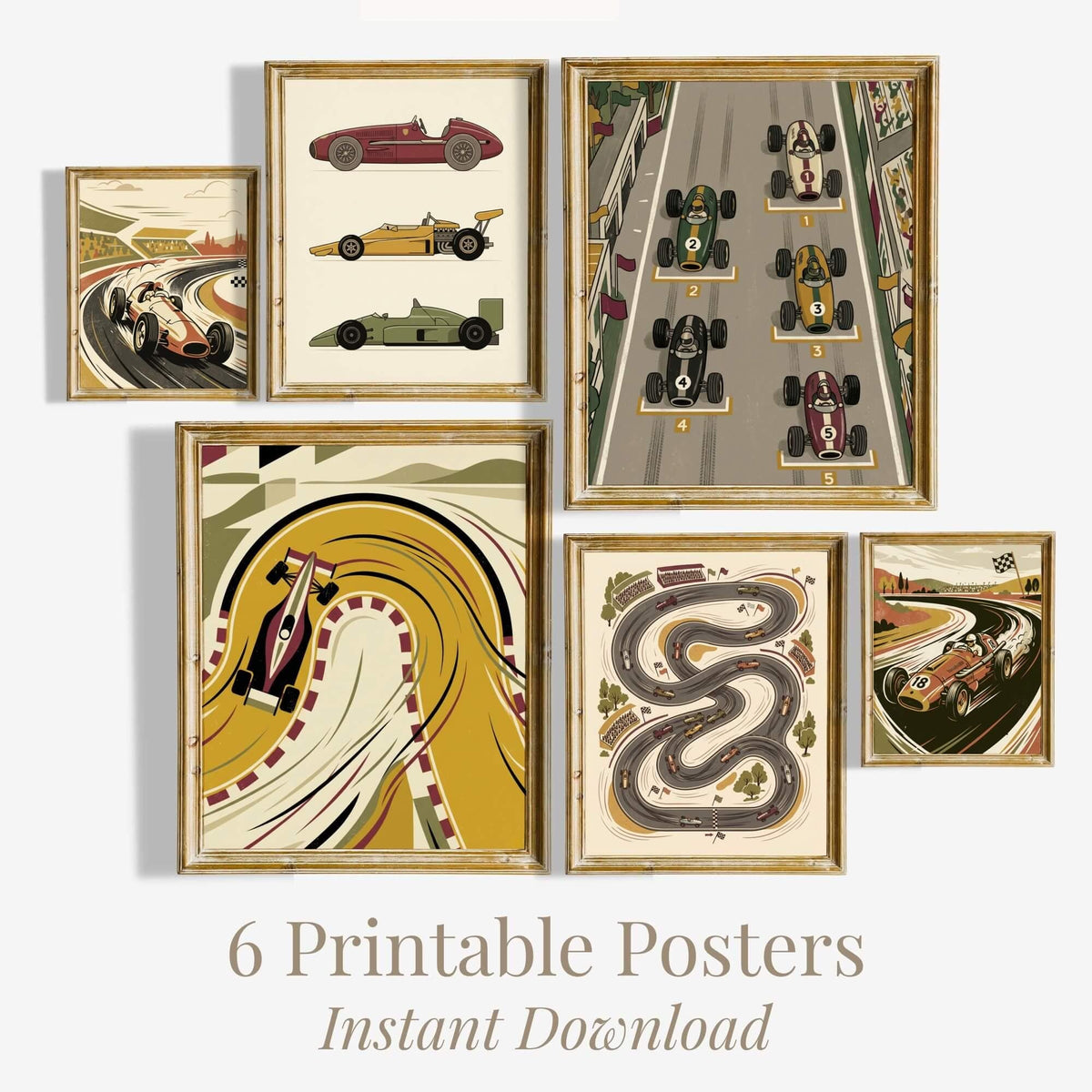 Retro Race Car Nursery Prints, Set of 6 (Digital Download)