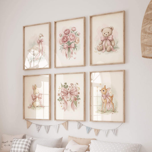Pink Bow Animal Nursery Prints, Set of 6 (Digital Download)