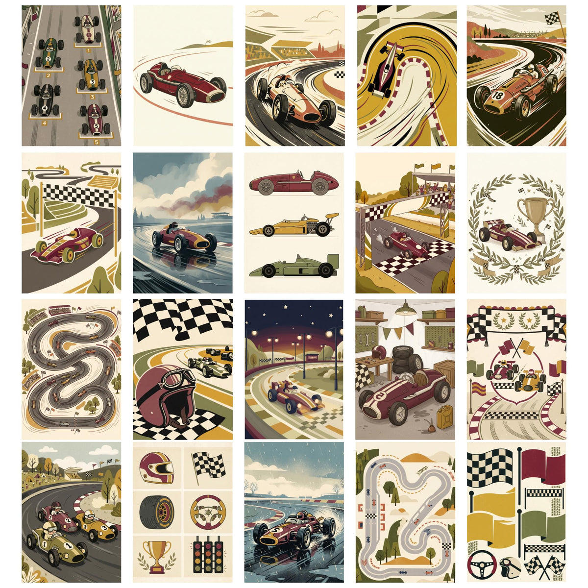 Vintage Race Car Nursery Prints, Set of 20 (Digital Download)