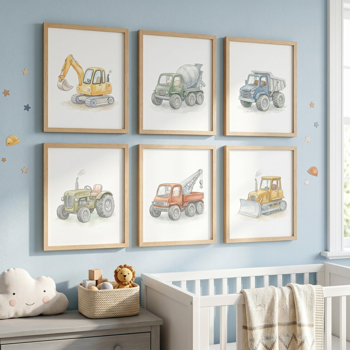 Soft Watercolor Construction Nursery Prints, Set of 6 (Digital Download)