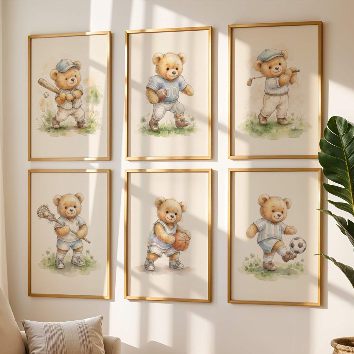 Watercolor Sports Teddy Bear Prints, Set of 6 (Digital Download)