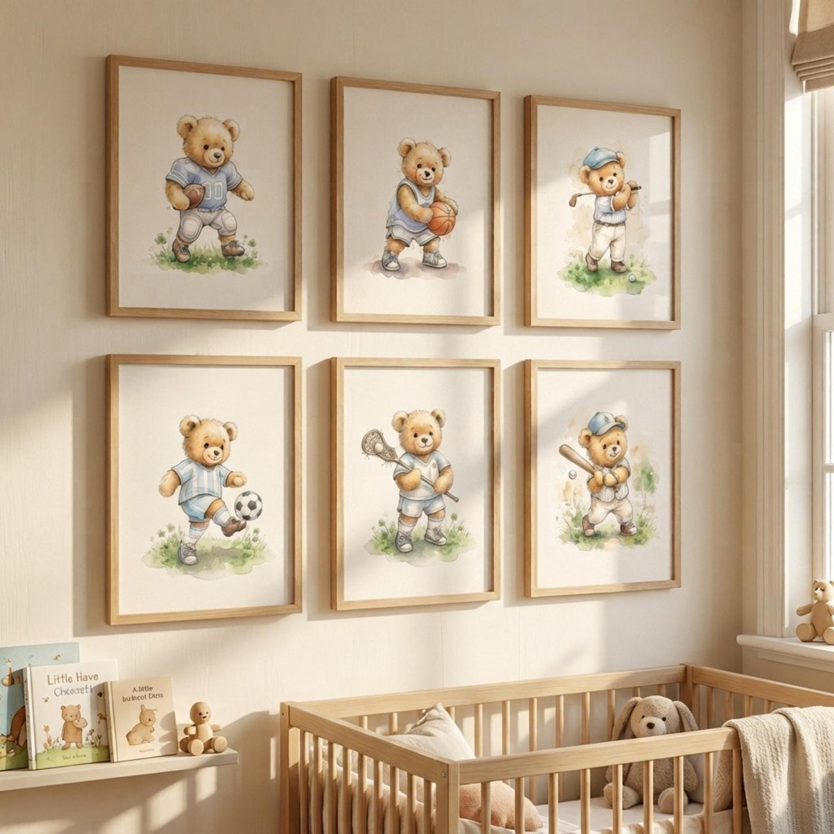 Watercolor Sports Teddy Bear Prints, Set of 6 (Digital Download)