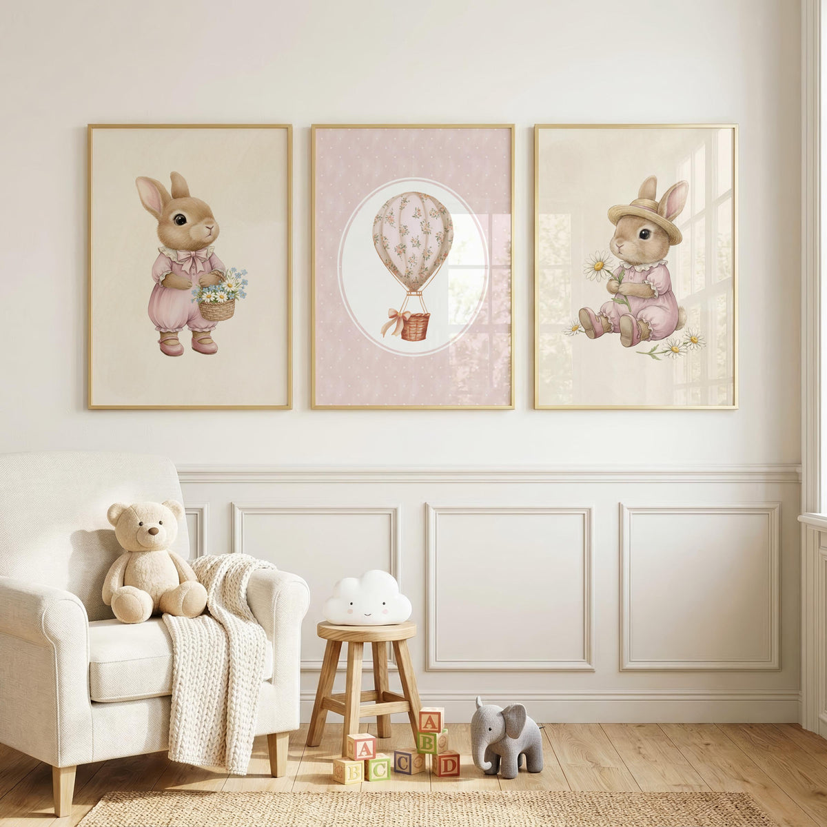 Pink Bunny and Balloon Nursery Prints, Set of 3 (Digital Download)