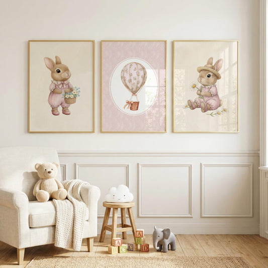 Pink Bunny and Balloon Nursery Prints, Set of 3 (Digital Download)