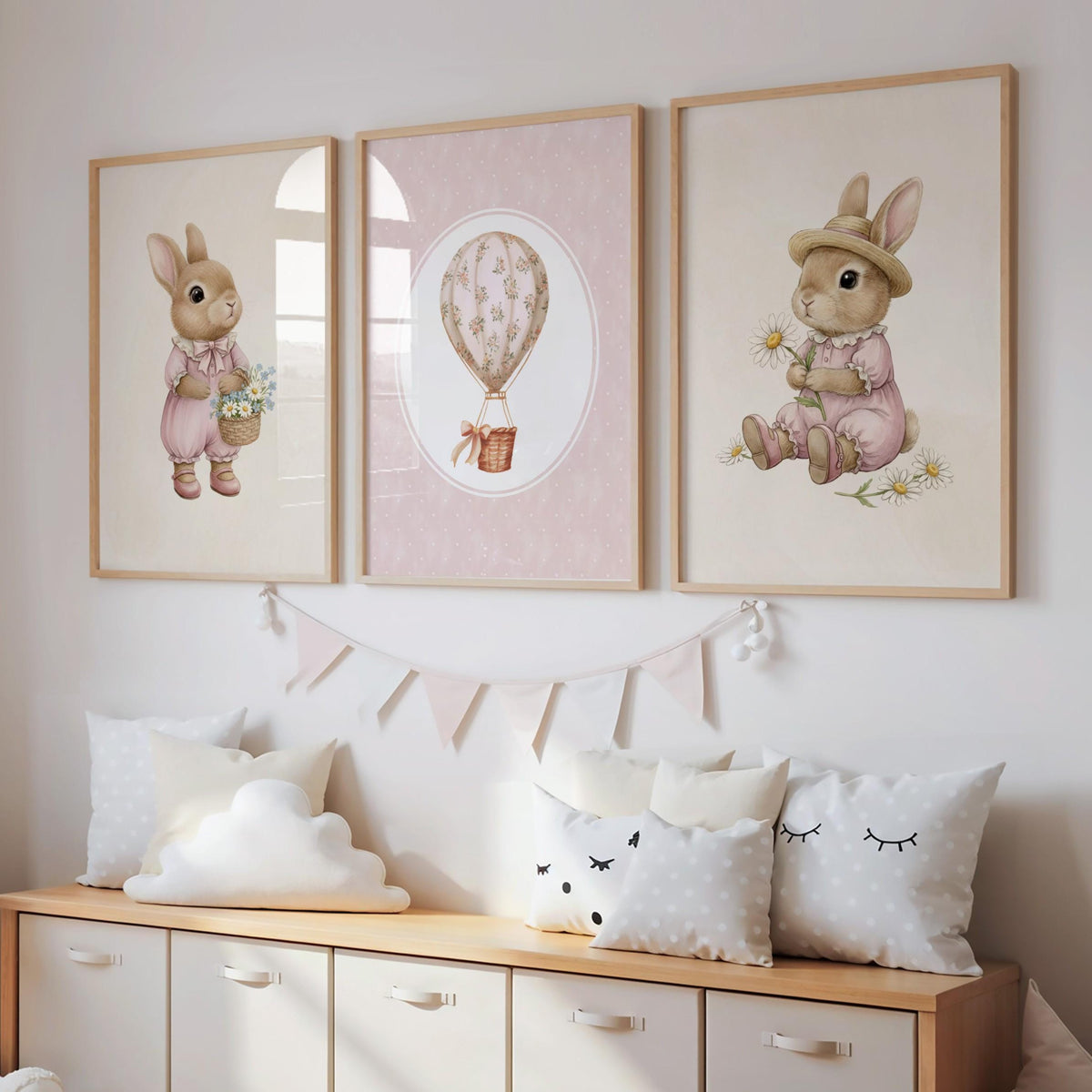 Pink Bunny and Balloon Nursery Prints, Set of 3 (Digital Download)