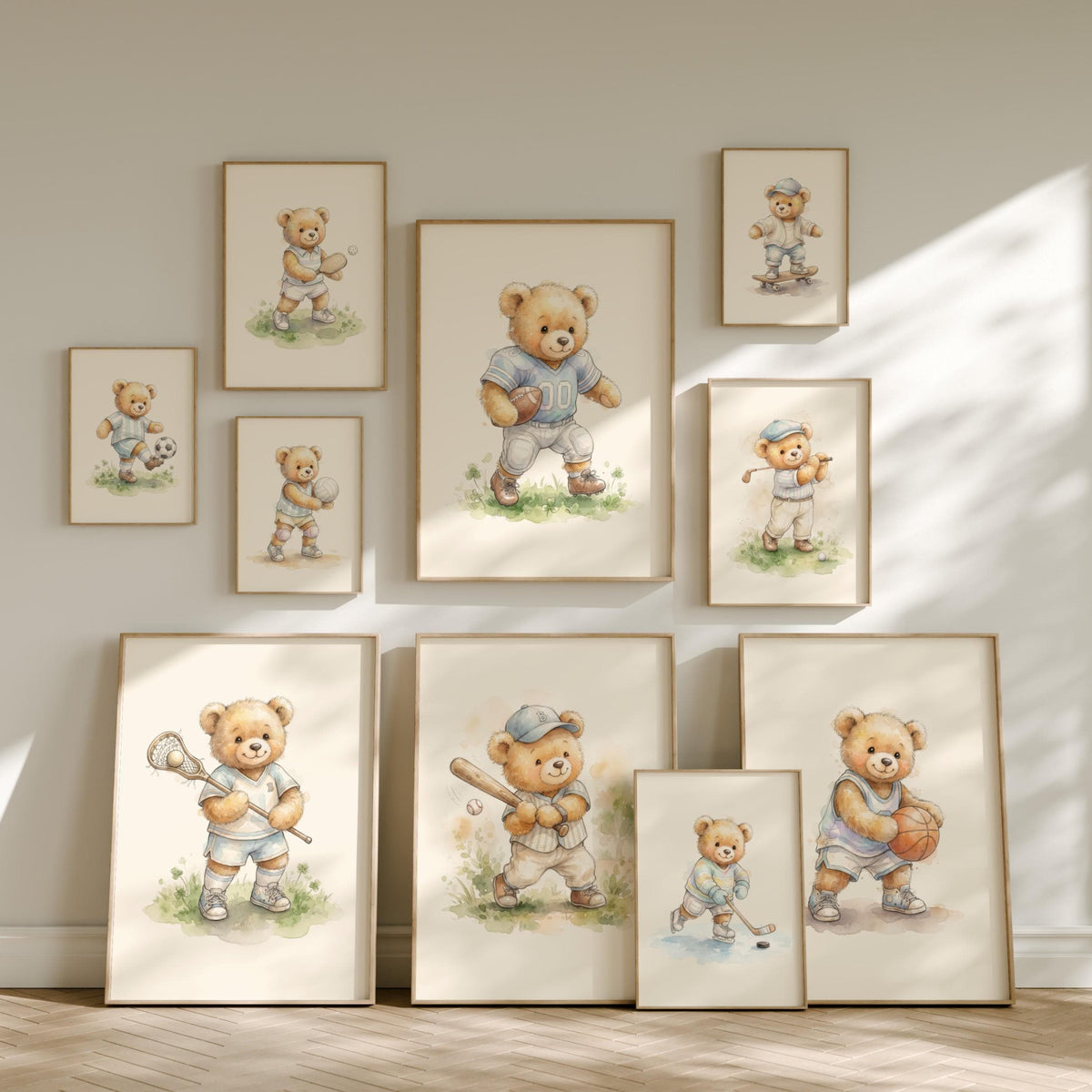 Sports Teddy Bear Nursery Prints, Set of 12 (Digital Download)
