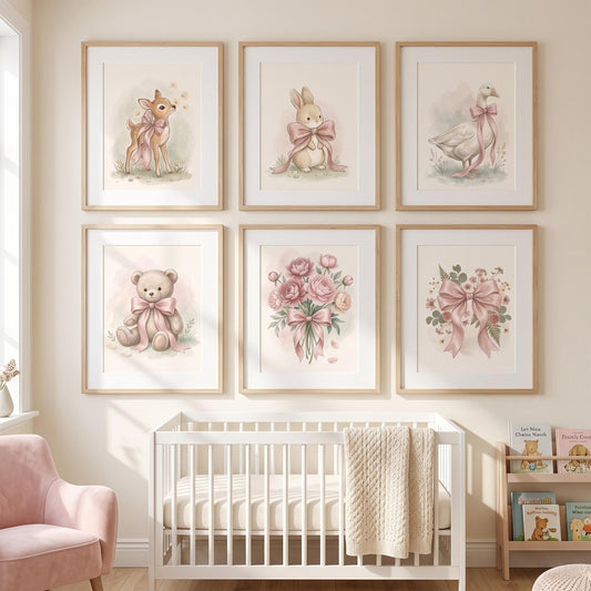 Pink Bow Animal Nursery Prints, Set of 6 (Digital Download)