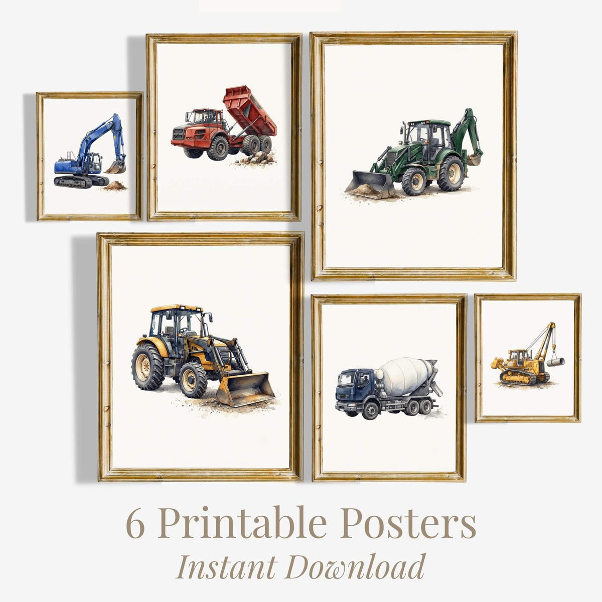 Construction Vehicle Prints with Excavator, Set of 6 (Digital Download)
