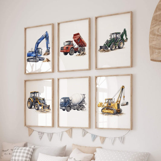 Construction Vehicle Prints with Excavator, Set of 6 (Digital Download)