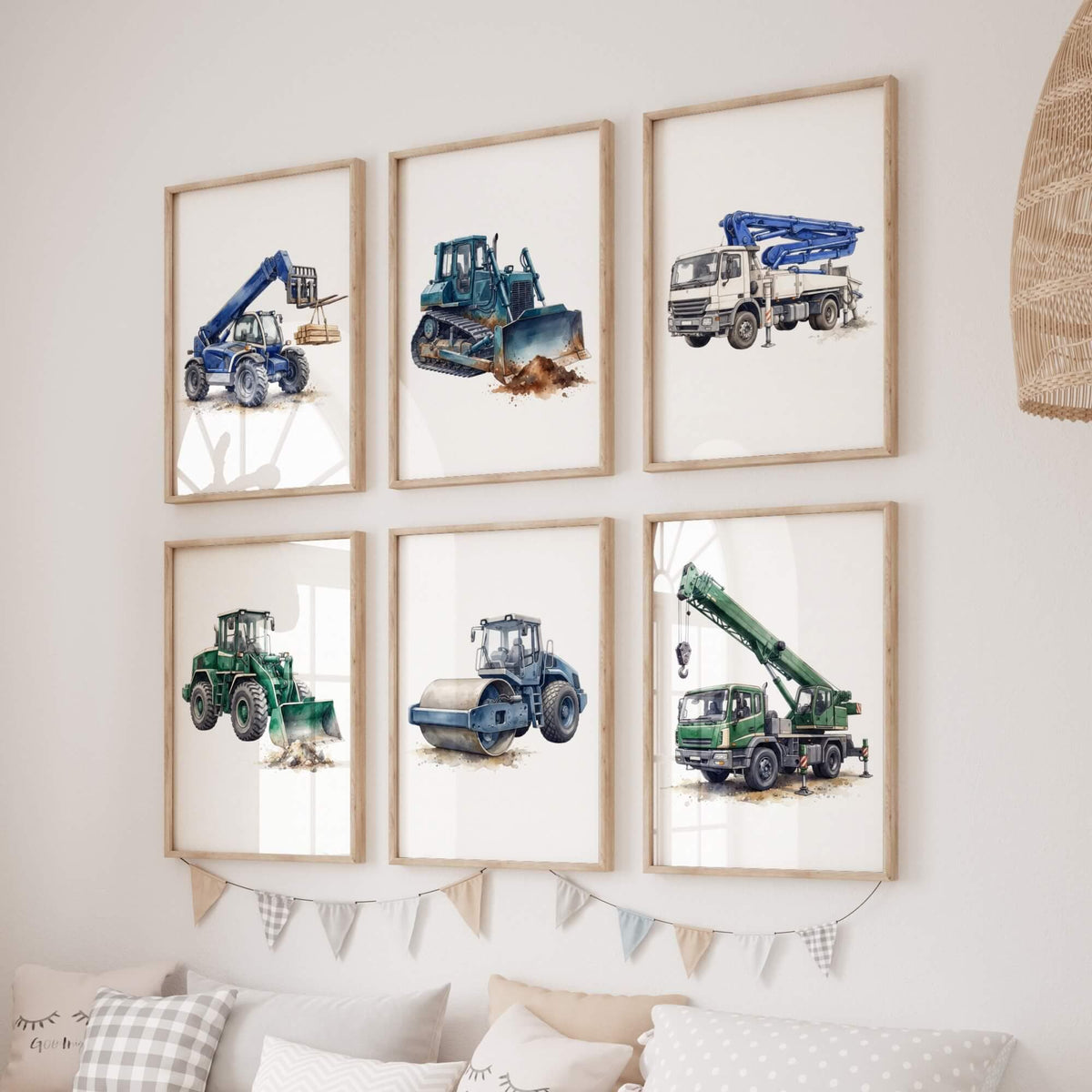 Construction Prints with Crane and Bulldozer, Set of 6 (Digital Download)