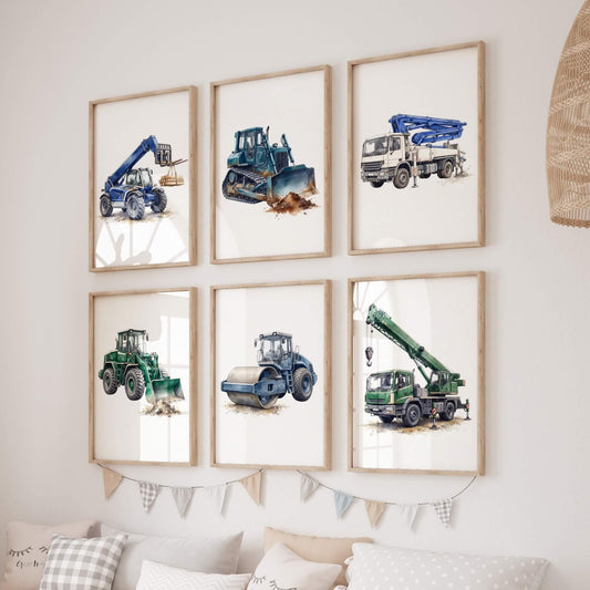Construction Prints with Crane and Bulldozer, Set of 6 (Digital Download)