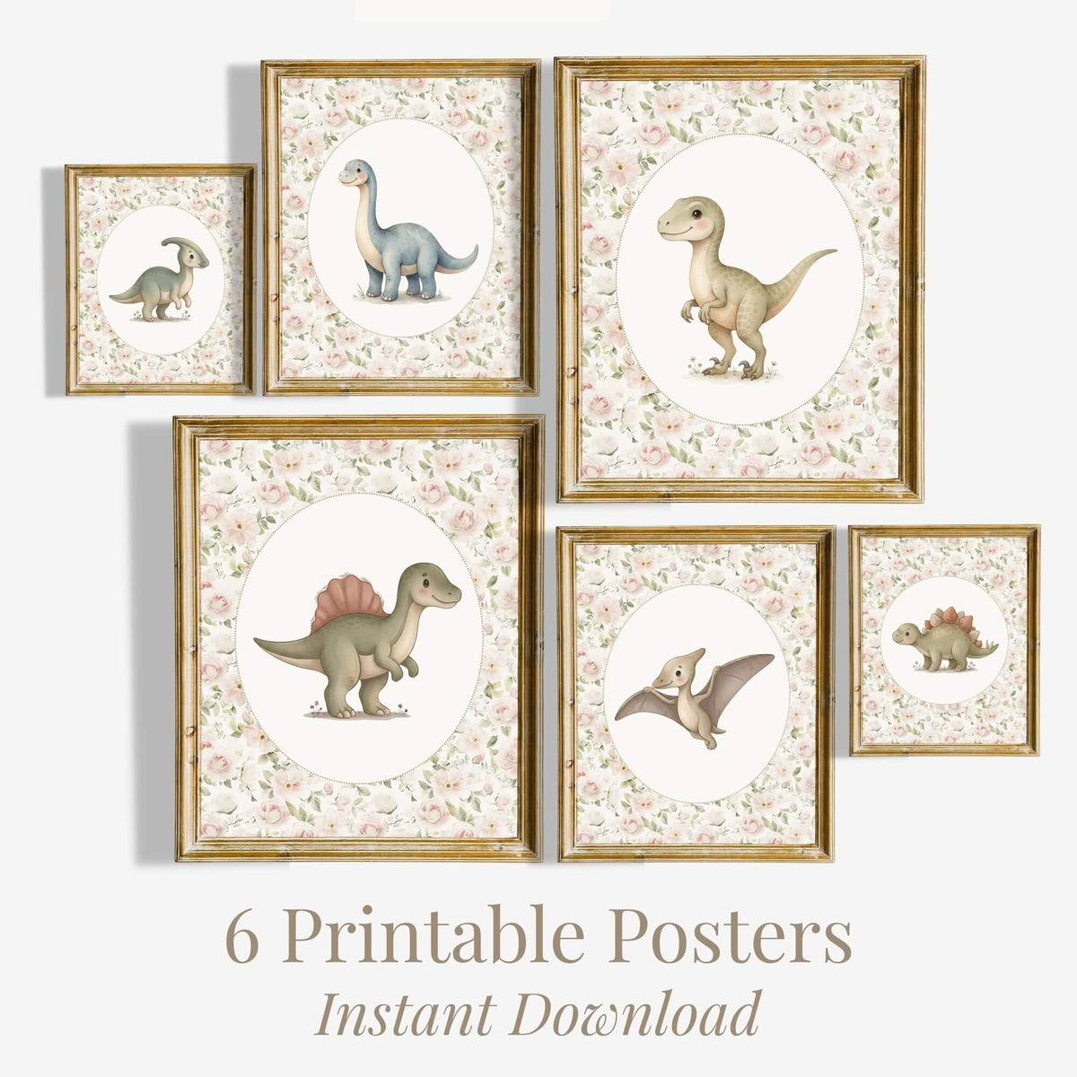 Floral Dinosaur Nursery Prints with T-Rex, Set of 6 (Digital Download)