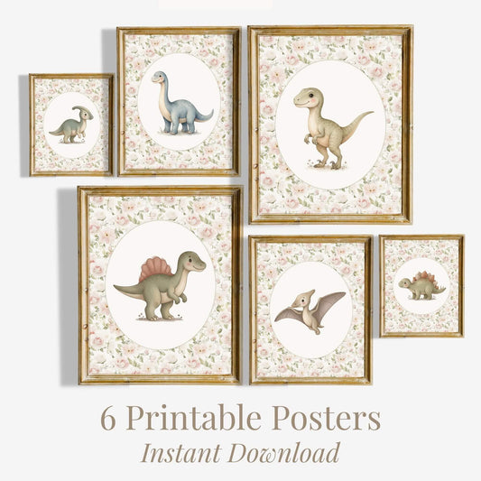 Floral Dinosaur Nursery Prints with T-Rex, Set of 6 (Digital Download)