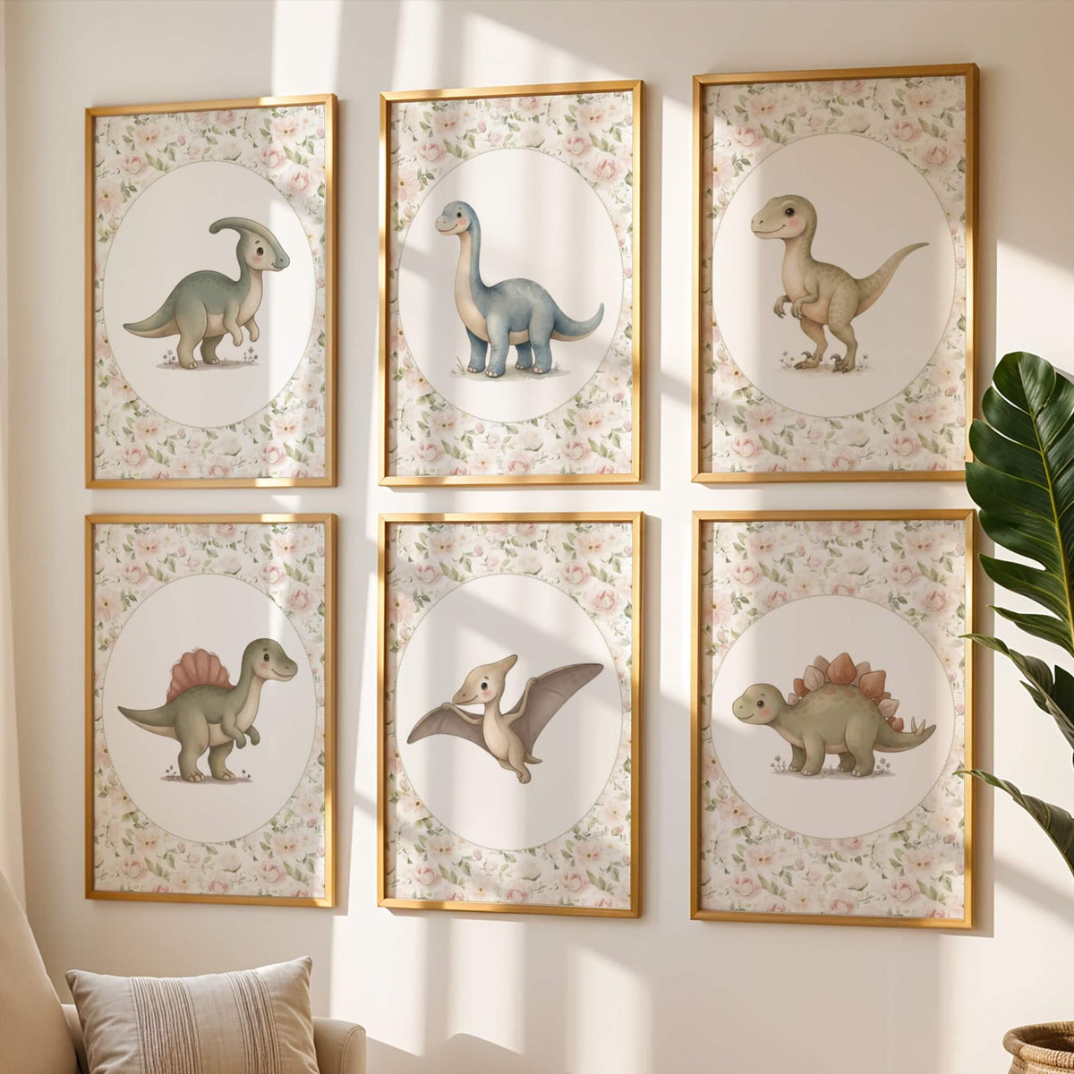 Floral Dinosaur Nursery Prints with T-Rex, Set of 6 (Digital Download)